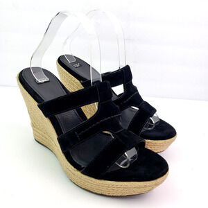 UGG Tawnie Womens Size 10 Black Leather Slip On 4.5" Wedge Platform Sandals